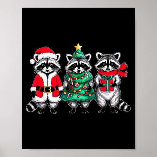 Raccoon Christmas Tree Light Santa Hat Xmas Family Poster (Voorkant)