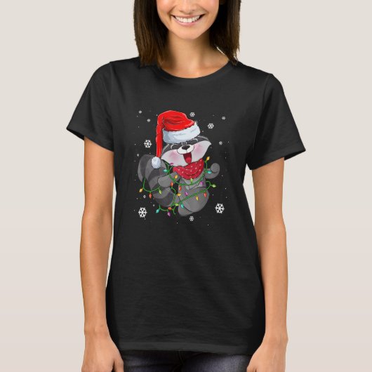 Raccoon Christmas Tree Lights Santa Hat Pajama Rac T-shirt (Voorkant)