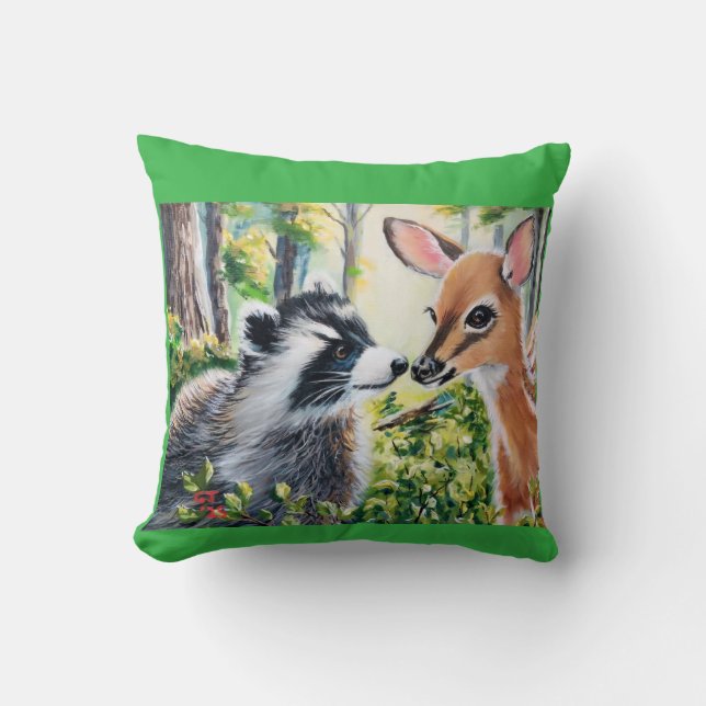 raccoon, deer throw pillow kussen (Voorkant)