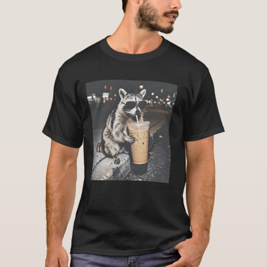Raccoon Drinking Iced Coffee Shirt (Voorkant)