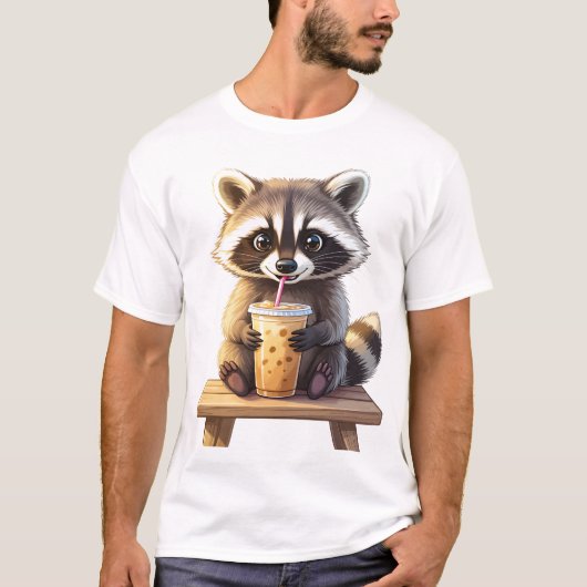 Raccoon Drinking Iced Coffee T-shirt (Voorkant)