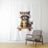 Raccoon Drinking Iced Coffee Wandkleed (In situ)