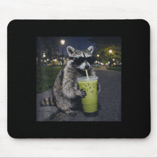 Raccoon drinking iced matcha latte funny animal muismat