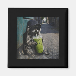 Raccoon drinking matcha latte funny animal meme me magneet