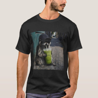 Raccoon drinking matcha latte funny animal meme me t-shirt