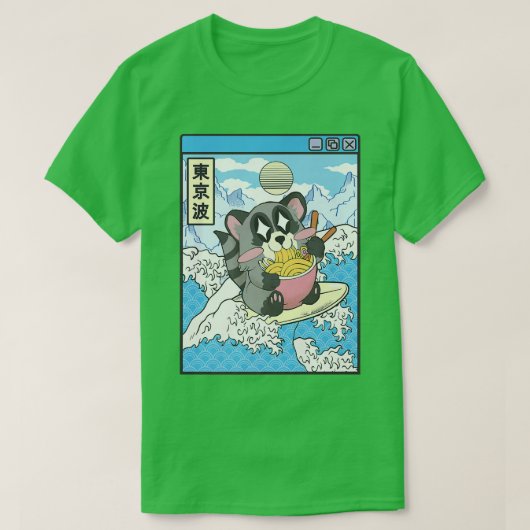 Raccoon Eating Ramen Japans Waves Anime Digital T-shirt (Design voorkant)
