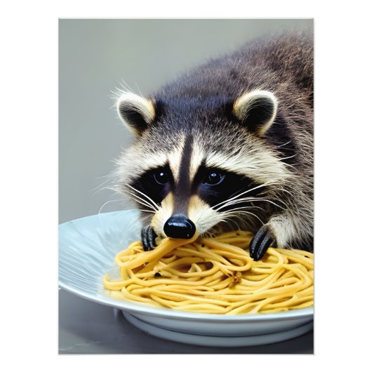 Raccoon Eating Spaghetti Foto Afdruk (Voorkant)