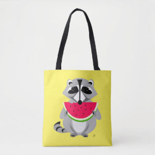 Raccoon Eating Watermeloen cartoon Tote Bag