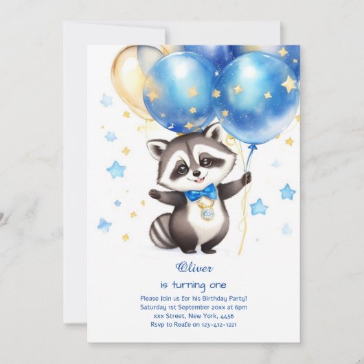 Raccoon eerste verjaardag uitnodiging (Voorkant)