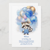Raccoon eerste verjaardag uitnodiging (Voorkant / Achterkant)