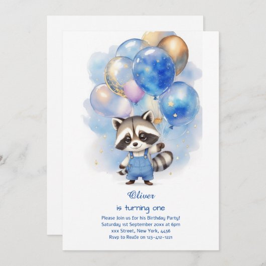 Raccoon eerste verjaardag uitnodiging (Voorkant / Achterkant)