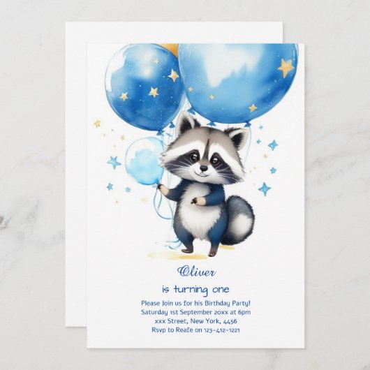 Raccoon eerste verjaardag uitnodiging (Voorkant / Achterkant)