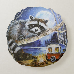 Raccoon en Camper Ronde Sierkussen Rond Kussen
