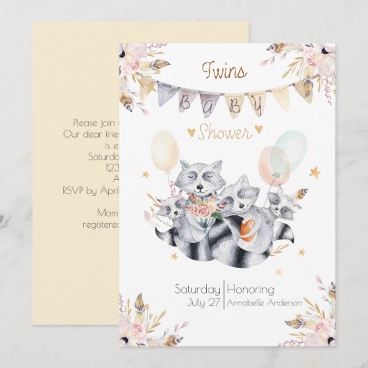 Raccoon Family Twins Boho Baby shower Kaart (Voorkant / Achterkant)