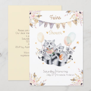 Raccoon Family Twins Boho Baby shower Kaart