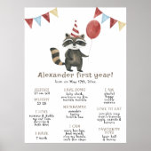 Raccoon First Birthday Milestone Birthday Poster (Voorkant)