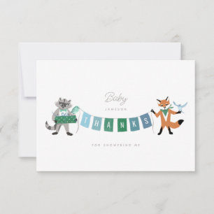 Raccoon Fox Forest Friends Blue Baby shower Bedankkaart