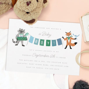 Raccoon Fox Forest Friends Boy Blue Baby shower Kaart