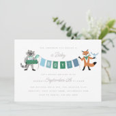 Raccoon Fox Forest Friends Boy Blue Baby shower Kaart (Staand voorkant)