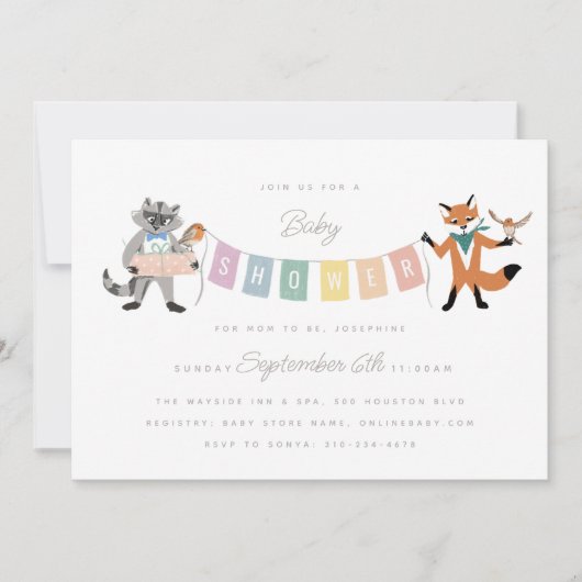 Raccoon Fox Forest Friends Neutral Baby shower Kaart (Voorkant)