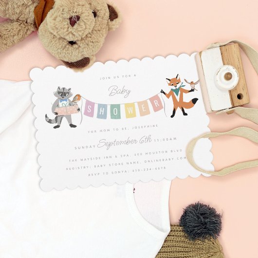 Raccoon Fox Forest Friends Neutral Baby shower Kaart