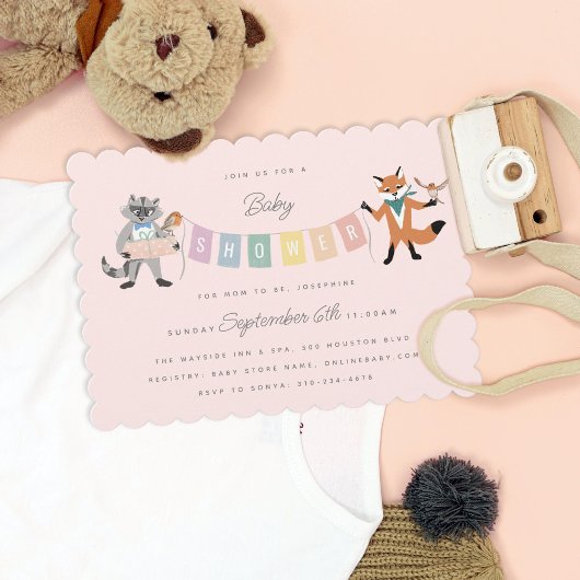 Raccoon Fox Forest Friends Neutral Baby shower Kaart