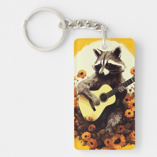 Raccoon Guitar Serenade in Zonnebloemen Sleutelhanger (Voorkant)