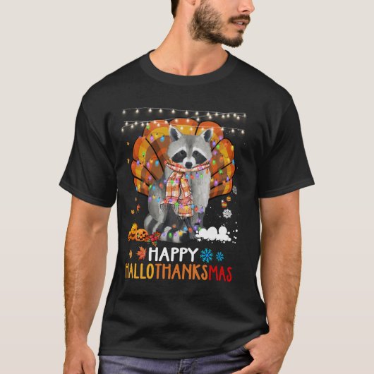 Raccoon Halloween en Merry KerstHappy Hallot T-shirt (Voorkant)