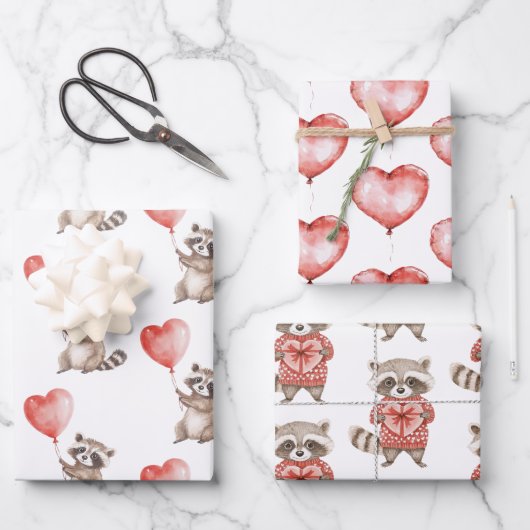 Raccoon Hearts Balloons Verjaardag Inpakpapier Vel (Voorkant)