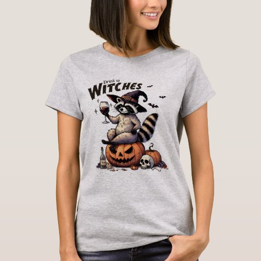 Raccoon heks Pet Drink omhoog Halloween schedel T-shirt (Voorkant)