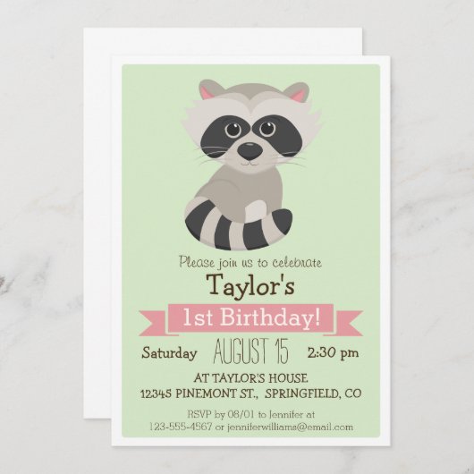 Raccoon, het verjaardagsfeestje van Woodland Anima Kaart (Voorkant / Achterkant)