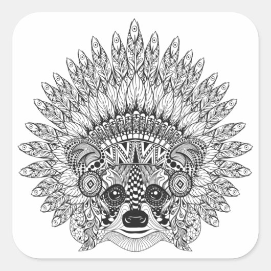 Raccoon in de vertederde oorlog Bonnet Doodle Vierkante Sticker (Voorkant)