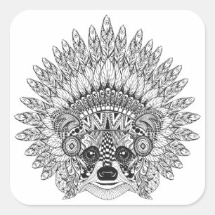Raccoon in de vertederde oorlog Bonnet Doodle Vierkante Sticker