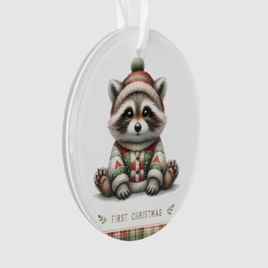  Raccoon in Knit Hat & Patchwork Sweater Ornament (voorkant)