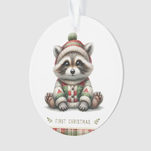  Raccoon in Knit Hat & Patchwork Sweater Ornament (voorkant)