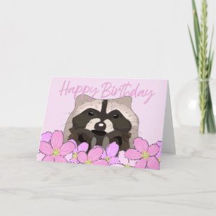 Raccoon in  roze bloemen Wild Birthday Kaart