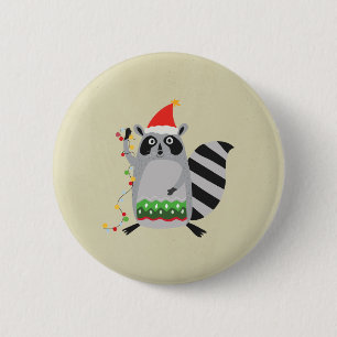 Raccoon in Santa Hat in de vakantiegrens Ronde Button 5,7 Cm