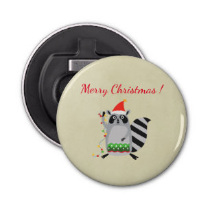 Raccoon in Santa Hat omhoog gedraaid in valsmatige Button Flesopener