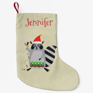 Raccoon in Santa Hat omhoog gedraaid in valsmatige Kleine Kerstsok