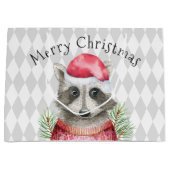Raccoon in Santa Hoed met Harlequin Patroon Groot Cadeauzakje (Voorkant)
