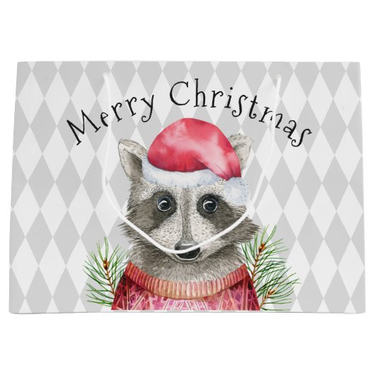 Raccoon in Santa Hoed met Harlequin Patroon Groot Cadeauzakje (Voorkant)