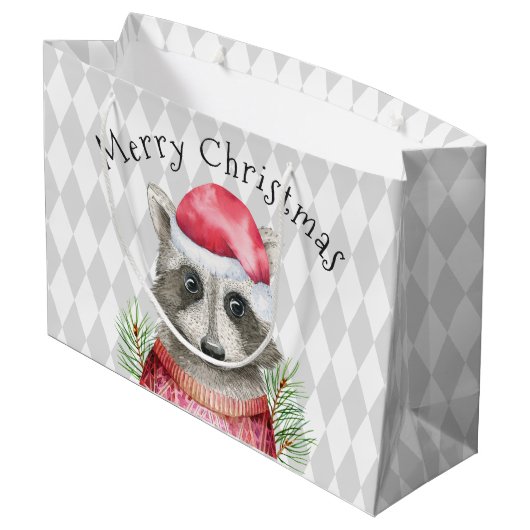 Raccoon in Santa Hoed met Harlequin Patroon Groot Cadeauzakje (Achterkant Gekanteld)