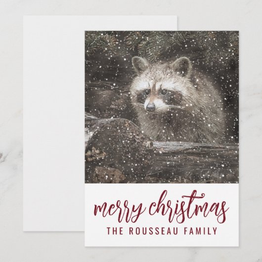 Raccoon in Winter Snow Kerstfeestdag Feestdagenkaart (Voorkant / Achterkant)