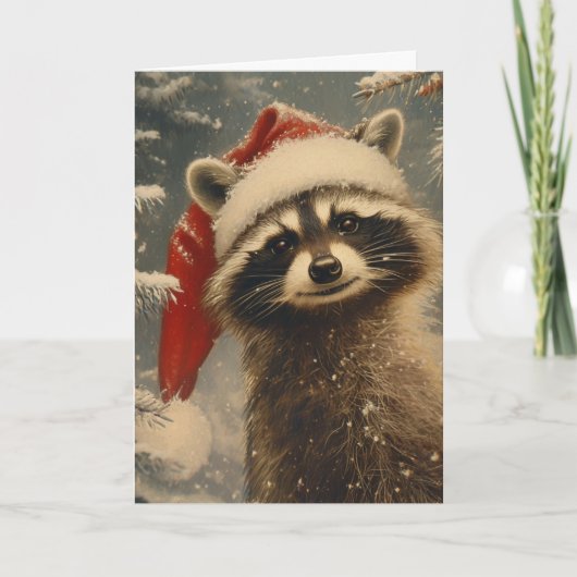 Raccoon Kerst vintage gepersonaliseerd Feestdagen Kaart (Voorkant)