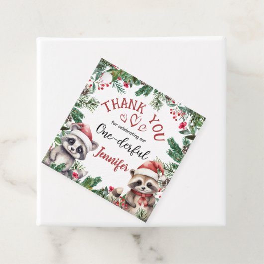 Raccoon Kerstmis 1e Verjaardag Dank u Favor Bedankjes Labels (In situ)