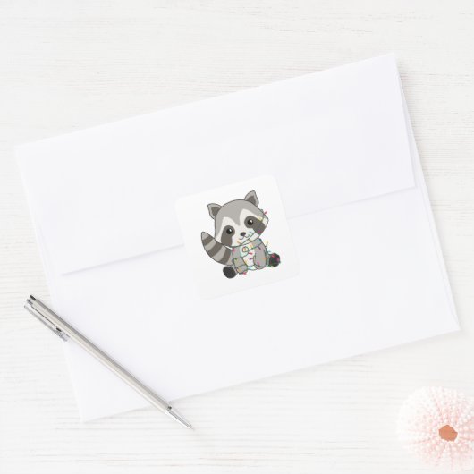 Raccoon-kerstwintervakantieoorden Vierkante Sticker (Envelop)
