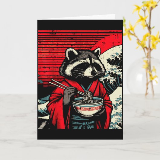Raccoon Kimono Eating Ramen Japanese Food Art Men  Kaart (Gele Bloem)