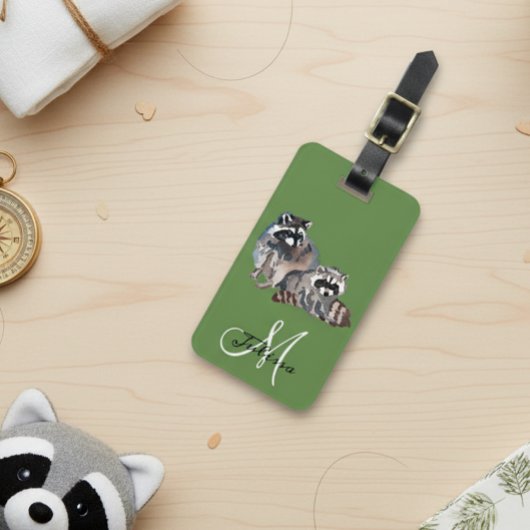 Raccoon lover monogram Waterverf Bagagelabel