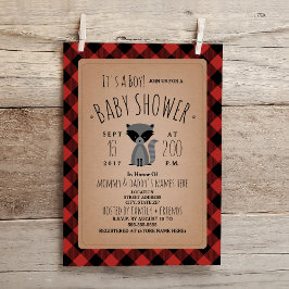 Raccoon Lumberjack Plaid Baby shower Invitation Kaart