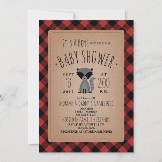 Raccoon Lumberjack Plaid Baby shower Invitation Kaart (Voorkant)
